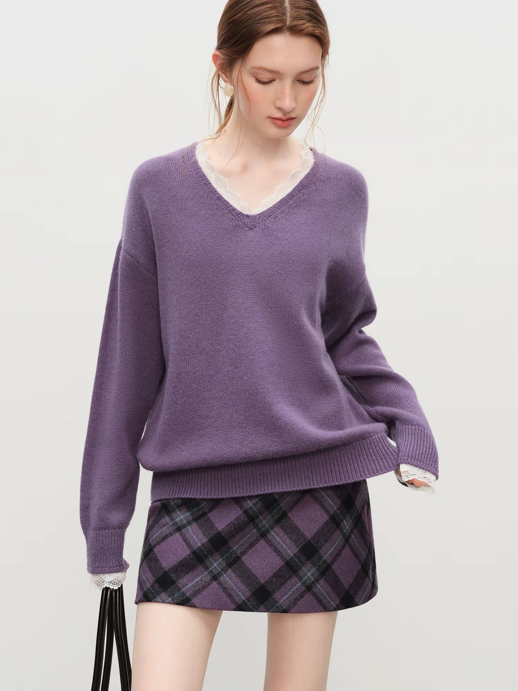 Winter 2025 Women's V-Neck Lace Knit Sweater - Sweet Feminine Pure Wool Blend Pullover Relaxed Fit for Casual Elegance