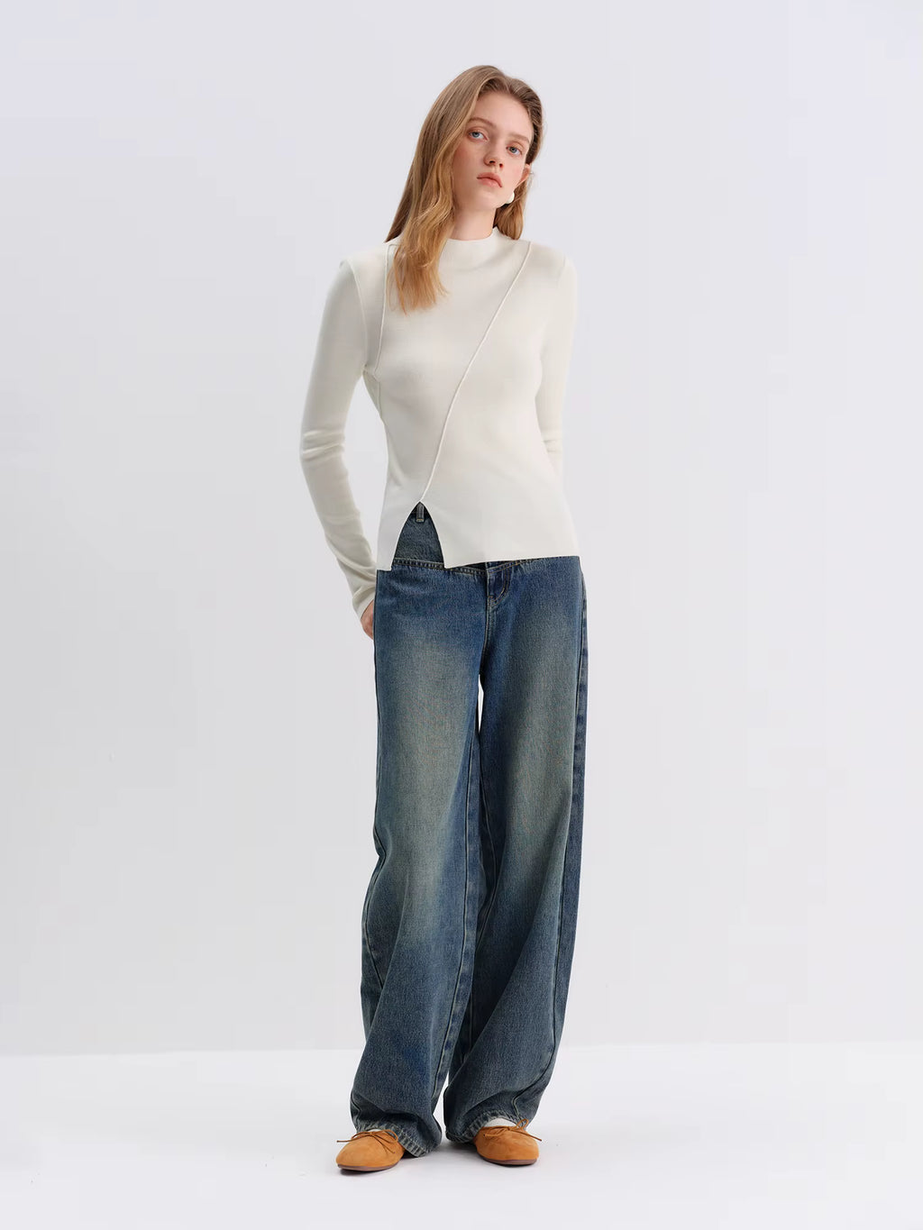 2025 Winter Women's Mulberry Silk Wool Blend Knit Top - Asymmetric Bias Cut Design Base Layer for Casual Comfort