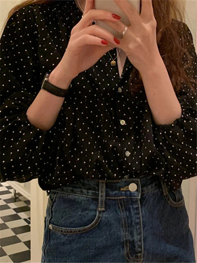 Oversize Dot Korean Style Wild Spring Summer Women's Blouses Shirts Tops