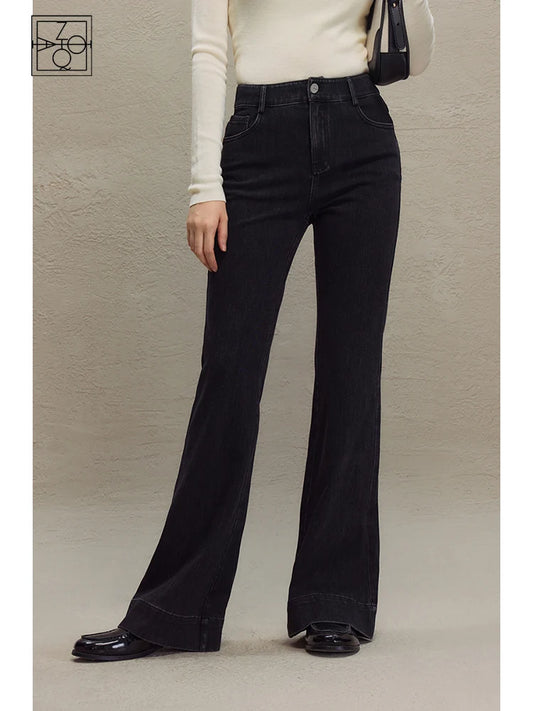 ZIQIAO Retro Style High-waisted Black Bootcut Jeans for Women 2023 Autumn Winter New High Street Tall Slim Long Pants for Female