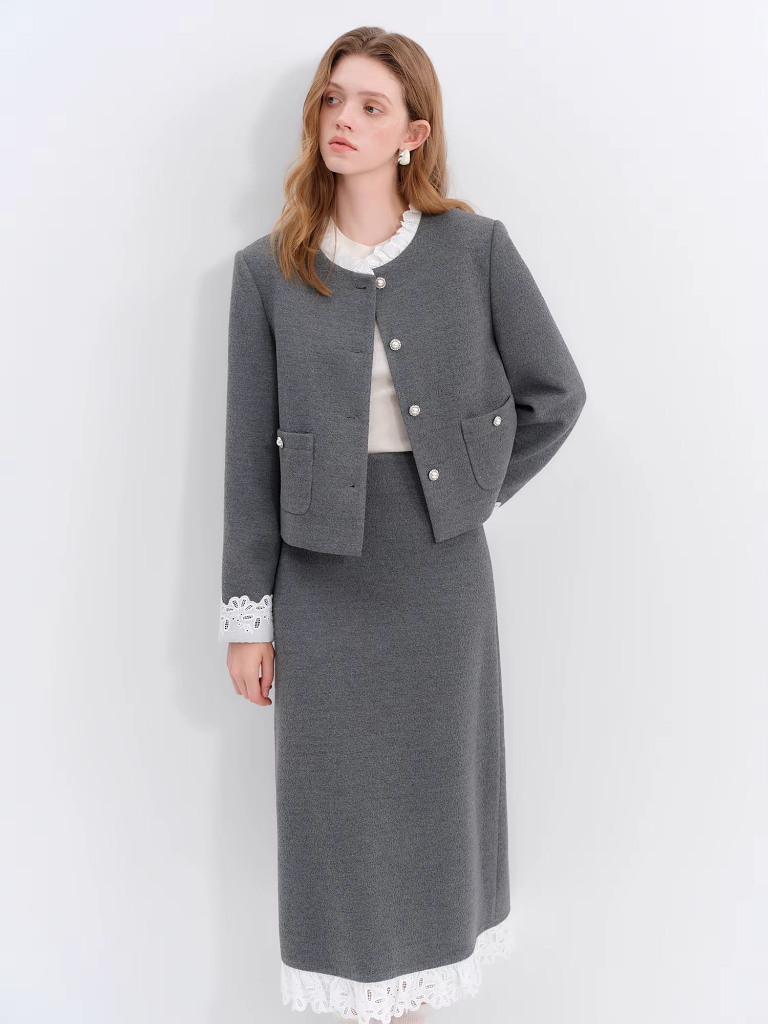 Chic Women's Fall Winter 2025 New Sweet Lace Patchwork Design-Inspired Grey Skirt SetsTwo-Piece Coat and Mini Skirt Set