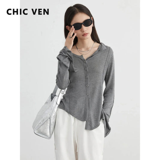 CHIC VEN Women's Cardigan Korean Design Asymmetrical Long Slevees Slim Tops Fashion Solid Casual Sweaters Autumn Spring New 2024