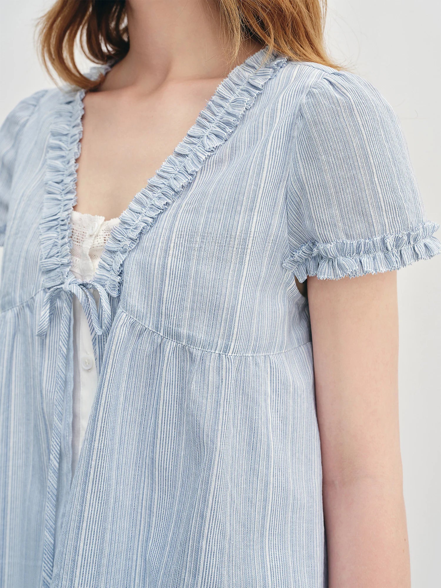 DUSHU Ruffled Fake Two-piece Shirt 2025 Summer New Striped Blue Top Shirt