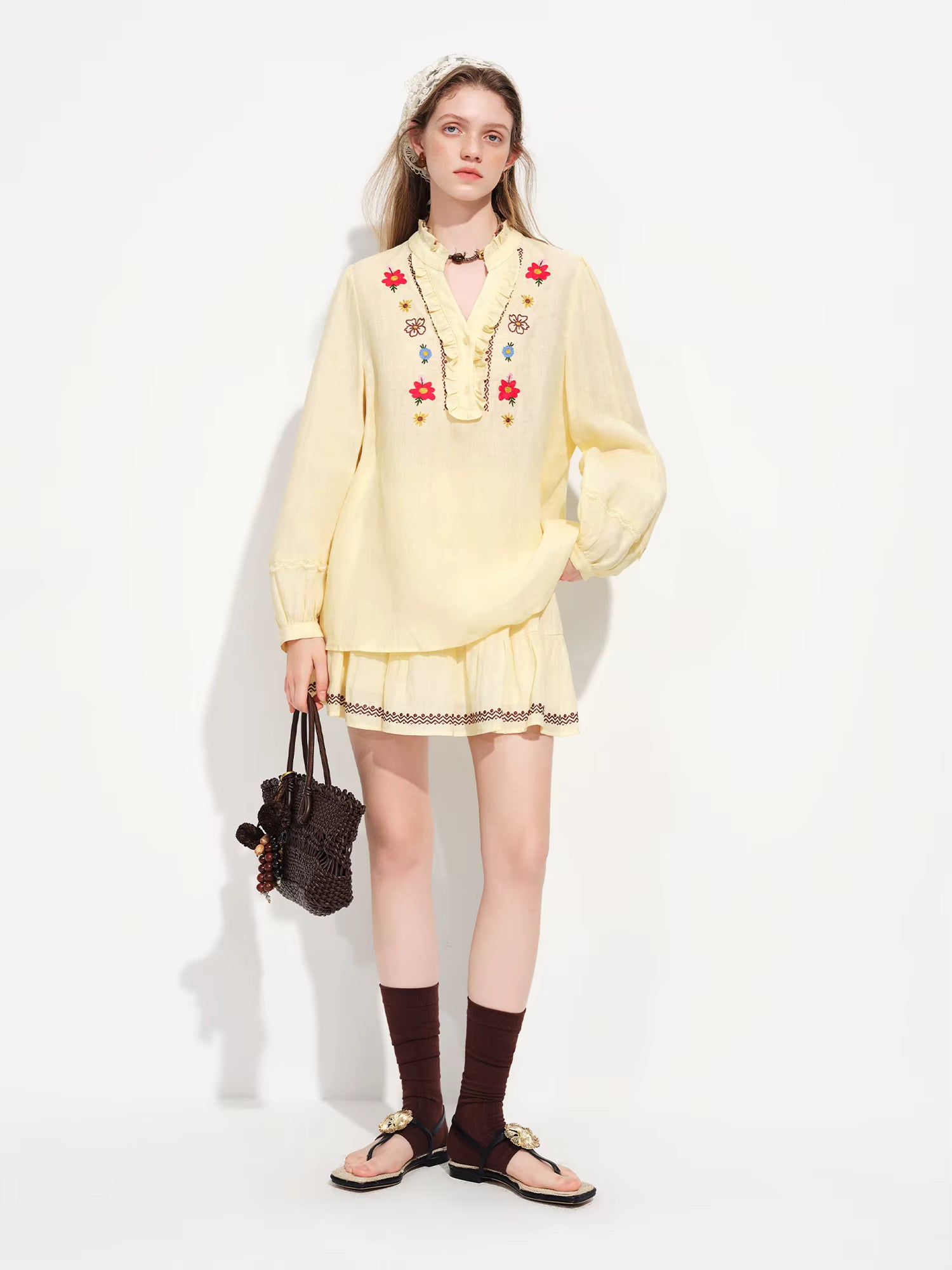 Vintage Countryside Linen Shirt and Skirt Set for Women Spring 2026 New Arrival with UV Protection Top and Skirt Separated