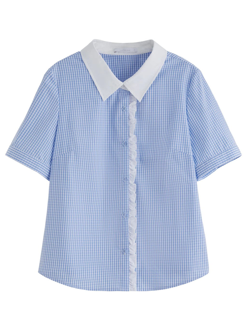 DUSHU Plus Size Retro Style Blue Plaid Short-sleeved Shirt 2025 Summer New Tops Lyocell Lace Stitching Chic Shirt