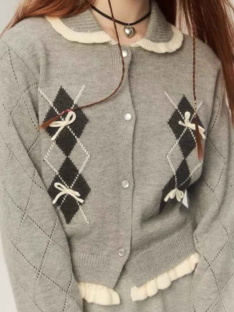 QWEEK Y2k Coquette Elegant Knit Knitted Cardigan Women 2024 Autumn Winter Fashion Kawaii Cute Bow Plaid Sweater Ruffles