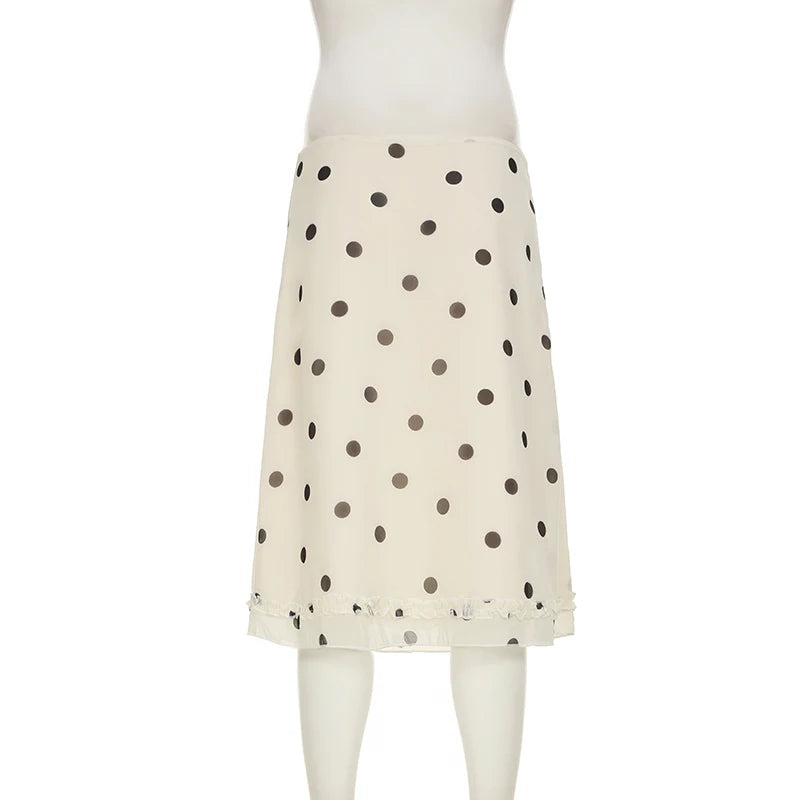 Vintage Polka Dot Bias Midi Skirt with Ruffle Hem