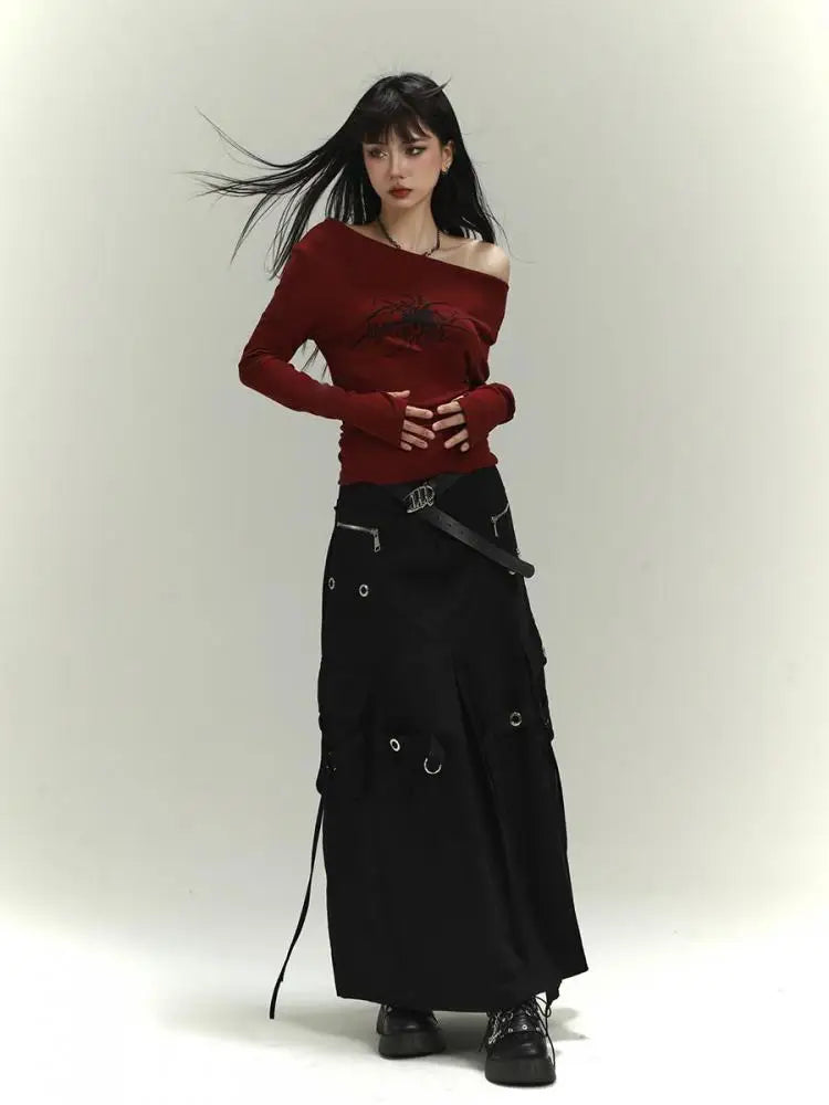 Tawaaiw Gothic Burgundy Print T Shirt Women Long Sleeve Off Shoulder Slim Vintage Grunge Aesthetic Tee Shirt Femme Y2k Tops Chic