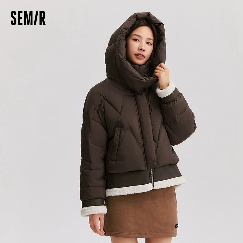 Semir Down Jacket Women Design Sense Patchwork Fake Two-Piece Loose Fashionable 2024 Winter New Hooded Coat Trendy Down Jacket