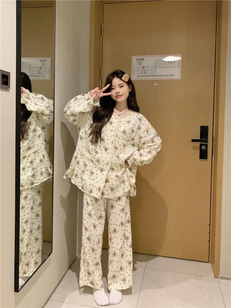 New Sweet Spring Women Home Suits Female Lace Trim Cute Pajamas Sets Girls Cartoon Long Sleeves Trousers Simple Nightwear