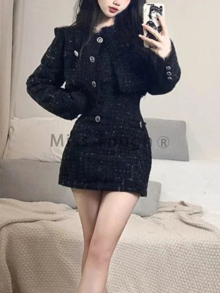 Winter Black French Vintage Two Piece Set Women Elegant Cpat+y2k Mini Dress Female Casual Korean Fashion Designer Suit 2024 New