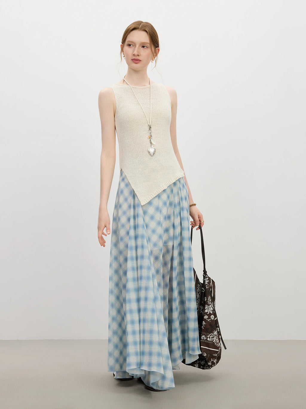 FSLE Women's Summer 2025 New Arrival Irregular A-line Hem Plaid Skirt Flowing Relaxed Fit Skirts