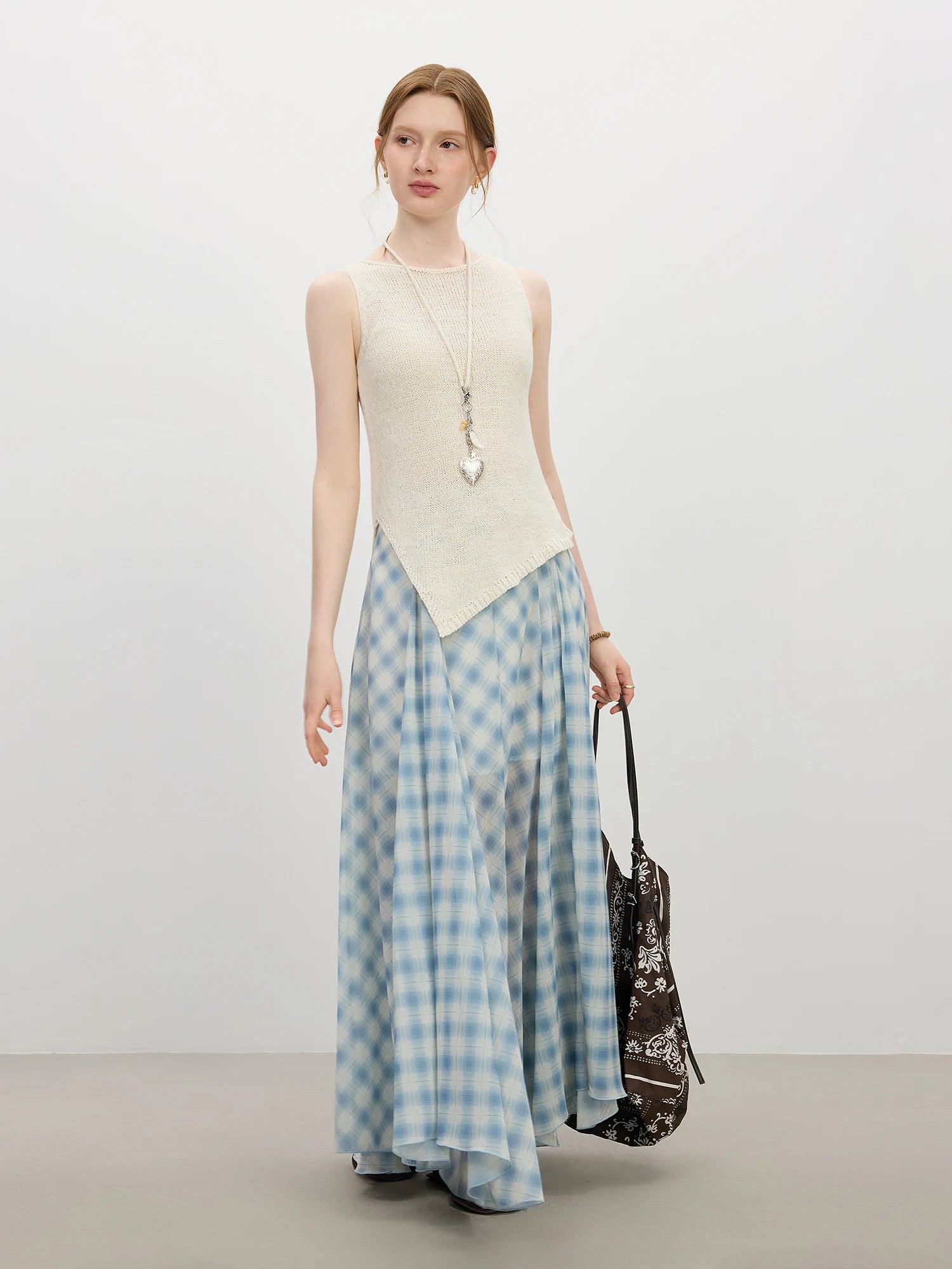 FSLE Women's Summer 2025 New Arrival Irregular A-line Hem Plaid Skirt Flowing Relaxed Fit Skirts