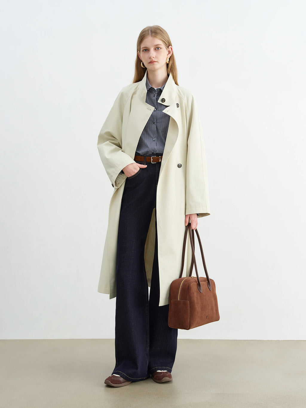 ZIQIAO Korean Style Stand Collar Short Trench Jacket for Women 2025 Autumn New Arrival Casual Chic Long Coat