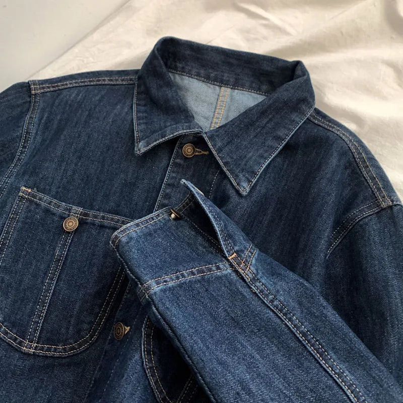 Vintage Denim Coat for Women, Long Sleeve, Lapel, Button Jean Jackets, Monochromatic, Female Fashion, Spring, Autumn, 2023