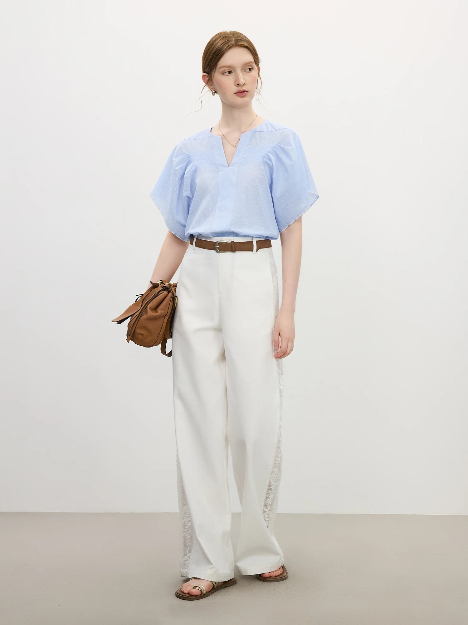 FSLE 2025 Summer Women's Cotton Round Neck Blouse - Textured Bell Sleeve Relaxed Fit Resort to Office Top