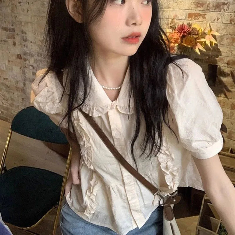 Ruffles Shirts and Blouses Korea Short Sleeve Top Women 2024 Summerpeter Pan Collar Sweet Blouses Cute Elegant Solid Clothes New