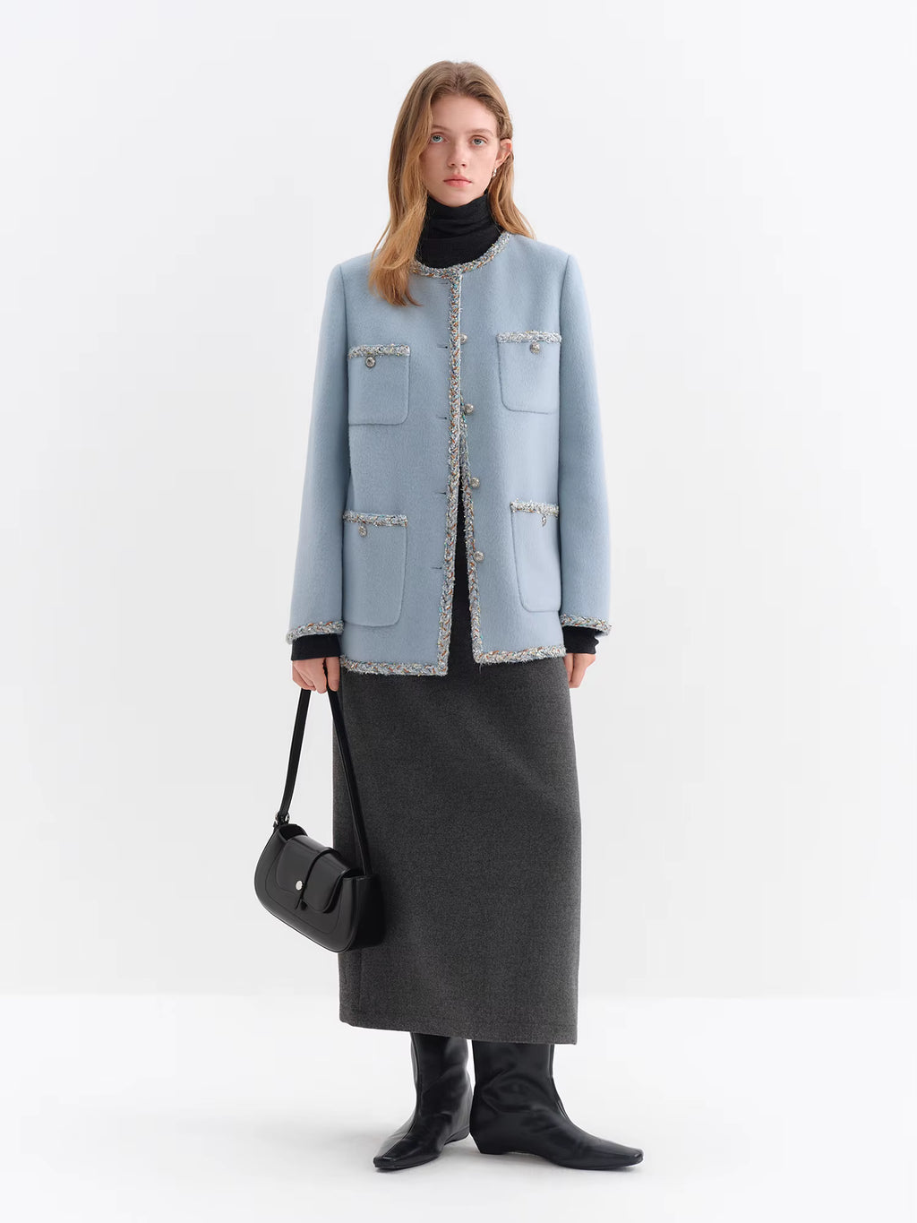 French-Style Woolen Round-Neck Coat Winter 2025 New Arrival Blue Tweed Outerwear All-match Autumn Elegant Blue