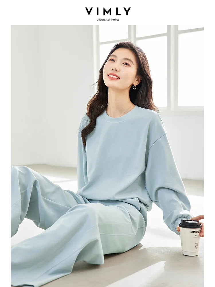 VIMLY Simple Knit Sweatshirts Pants Sets Women Casual Knitwear Jumper Tops Elastic Waist Wide Leg Pants Office Lady Pants Suit