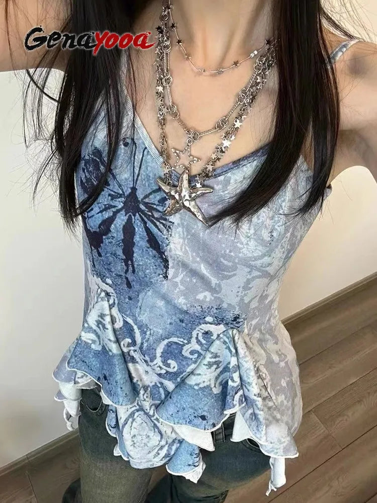 Sleeveless Blue Print Tank Y2k Vintage Camis 2000s Japanese E Girls Tee Irregual Tank Tops Summer