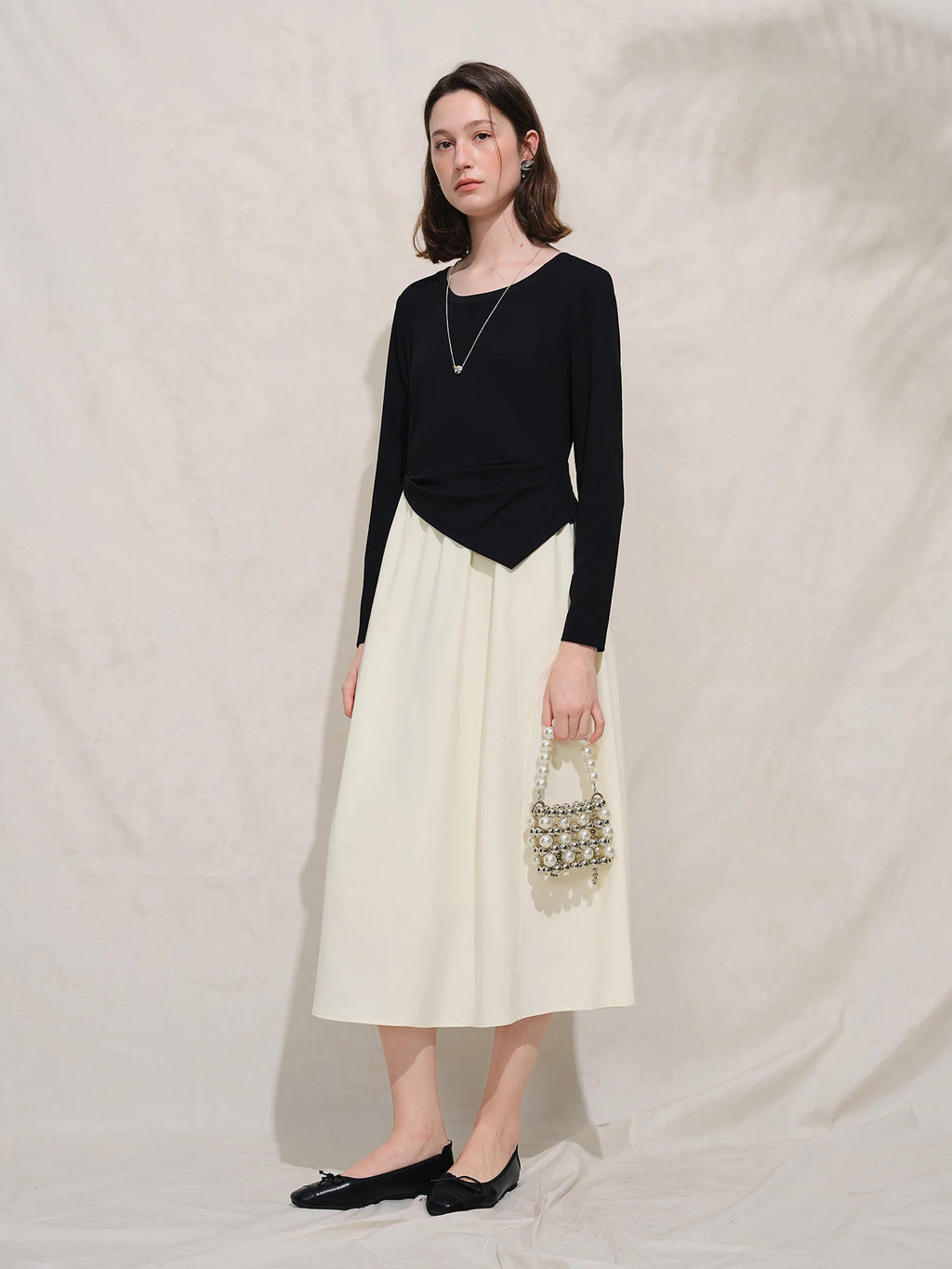 Autumn 2025 Women's French Style Color Block Dress - Contrast Panel Shift Workwear Midi Skirt with Flattering Fit