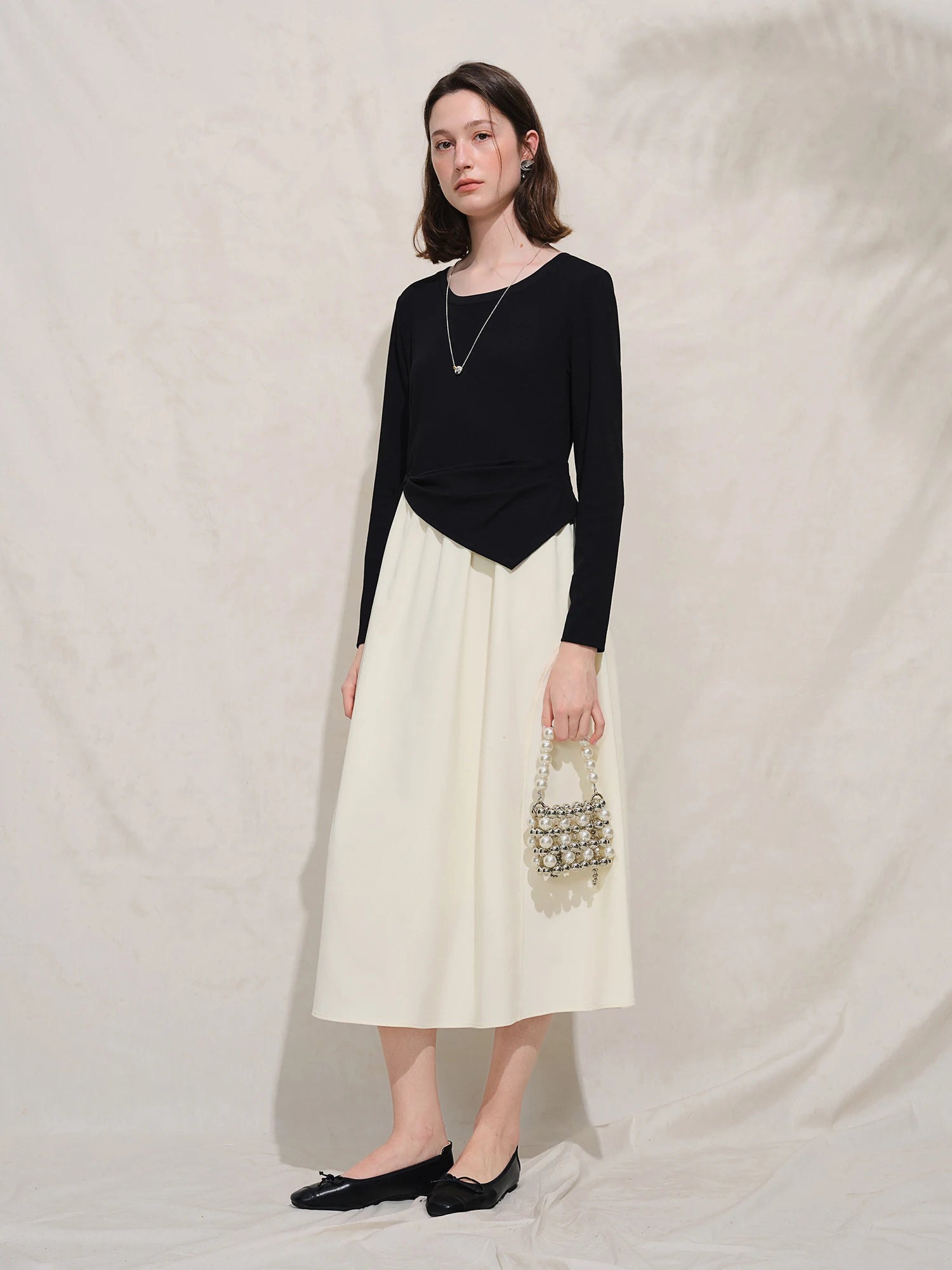 Autumn 2025 Women's French Style Color Block Dress - Contrast Panel Shift Workwear Midi Skirt with Flattering Fit