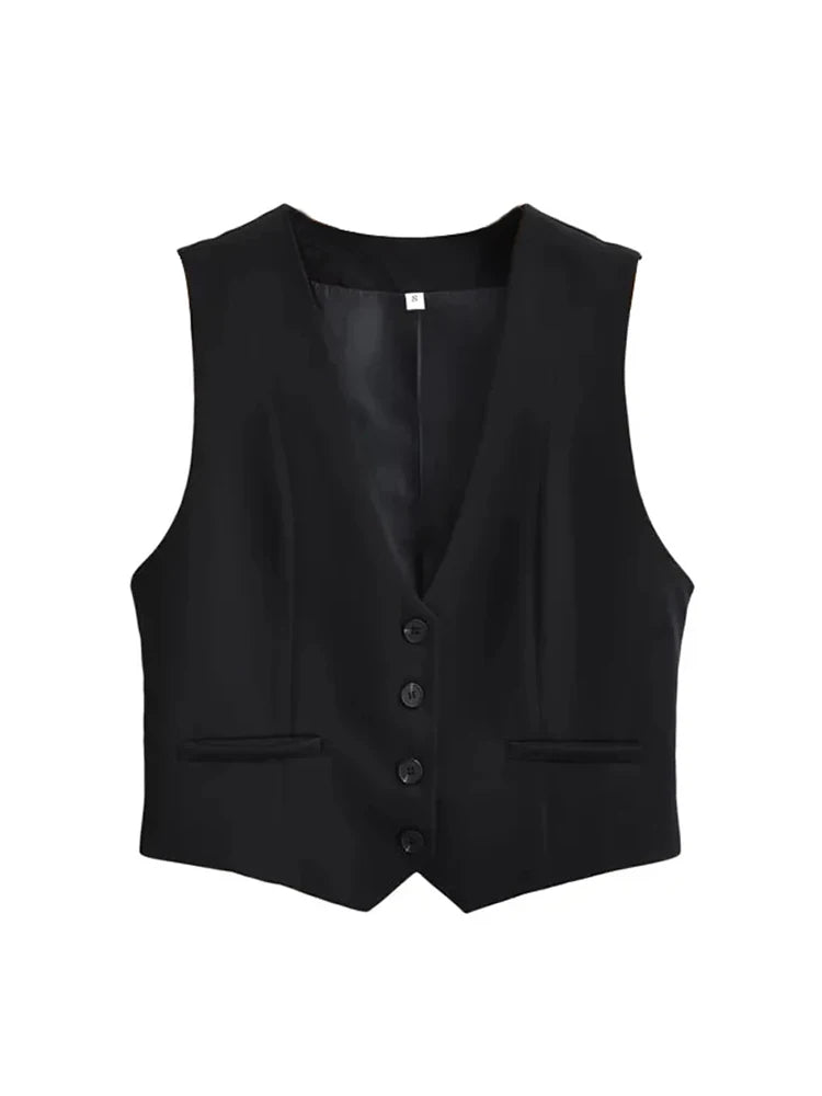 Vest Women Cropped Waistcoat Fashion Front Buttons Tops Vintage V Neck Sleeveless Female Outerwear White Chic Vests New