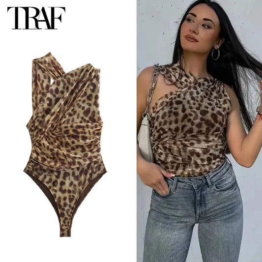 TRAF Leopard Print Bodysuit Women Tulle Black Sexy Body Suits Woman Ruched Mesh Bodysuit Women Sexy Outfits Jumpsuits for Women