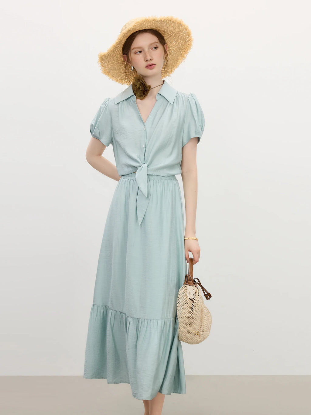 FSLE 2025 Summer French Style Dress Women's High Waist Vacation Dress Lapel Casual Elegant Midi Dress Trendy