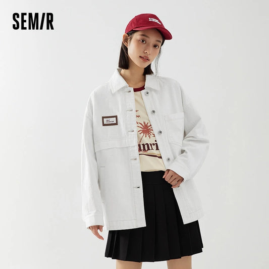 Semir Denim Jacket Women Mid-Length Lapel Fashion Autumn Loose Pure Cotton Jacquard Minority Jacket