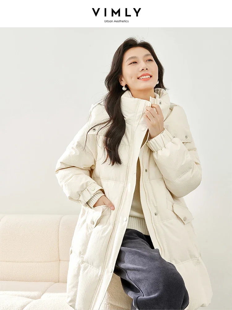 VIMLY Women's Office Lady Down Jacket Winter White Duck Down Jacket Casual Loose Warm Parka Simple Hooded Bread Coat Trendy