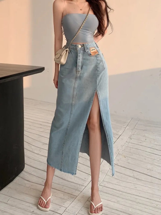 DEEPTOWN Long Denim Skirt Vintage Women Solid High Waist  A-LINE Slim Korean Style Jean Slit Midi Skirt Summer Fashion Girl