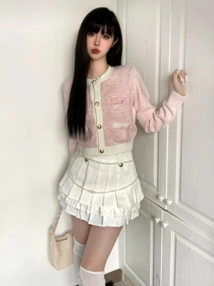 Deeptown Korean Fashion Pink Cropped Cardigan Women Kpop Sweet Girl Knitted Sweater Bow Coquette Aesthetic Long Sleeve Tops New