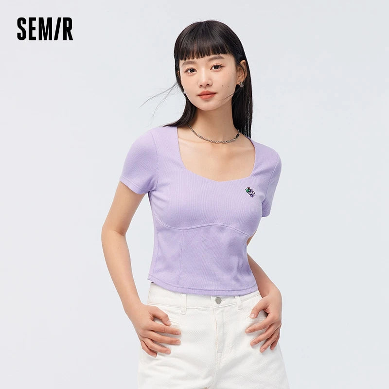Semir 2024 T-Shirt Women Short-Sleeved Square Collar Embroidered Casual Summer Tight Knitted Sweater Sexy New Style Tee