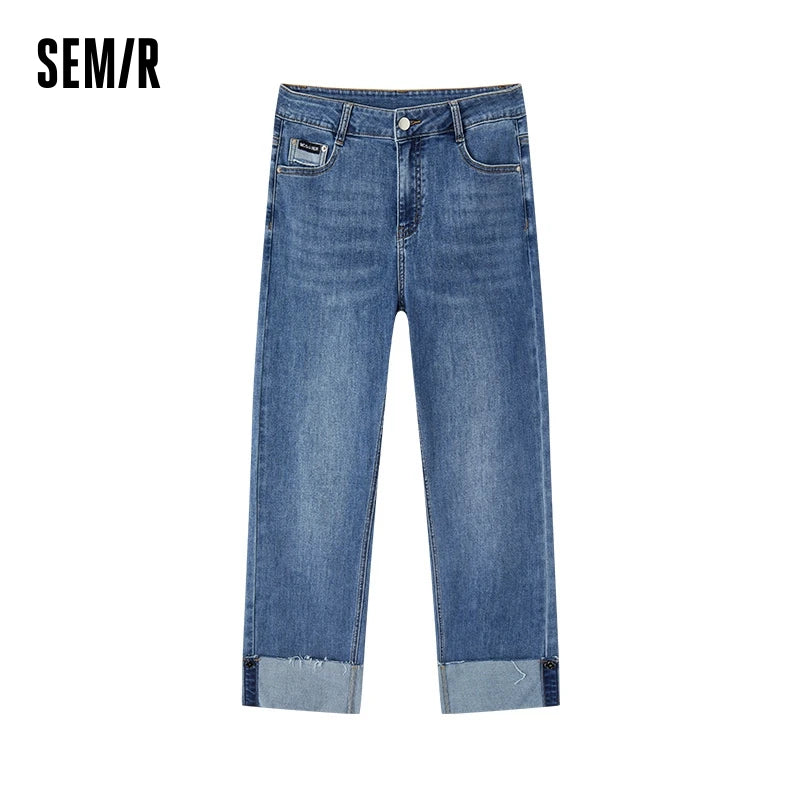 Semir Jeans Women Straight-Leg Trendy Autumn Fashion Frayed Edge Turn-Up Long Legs-Enhancing Nine-Point Trousers