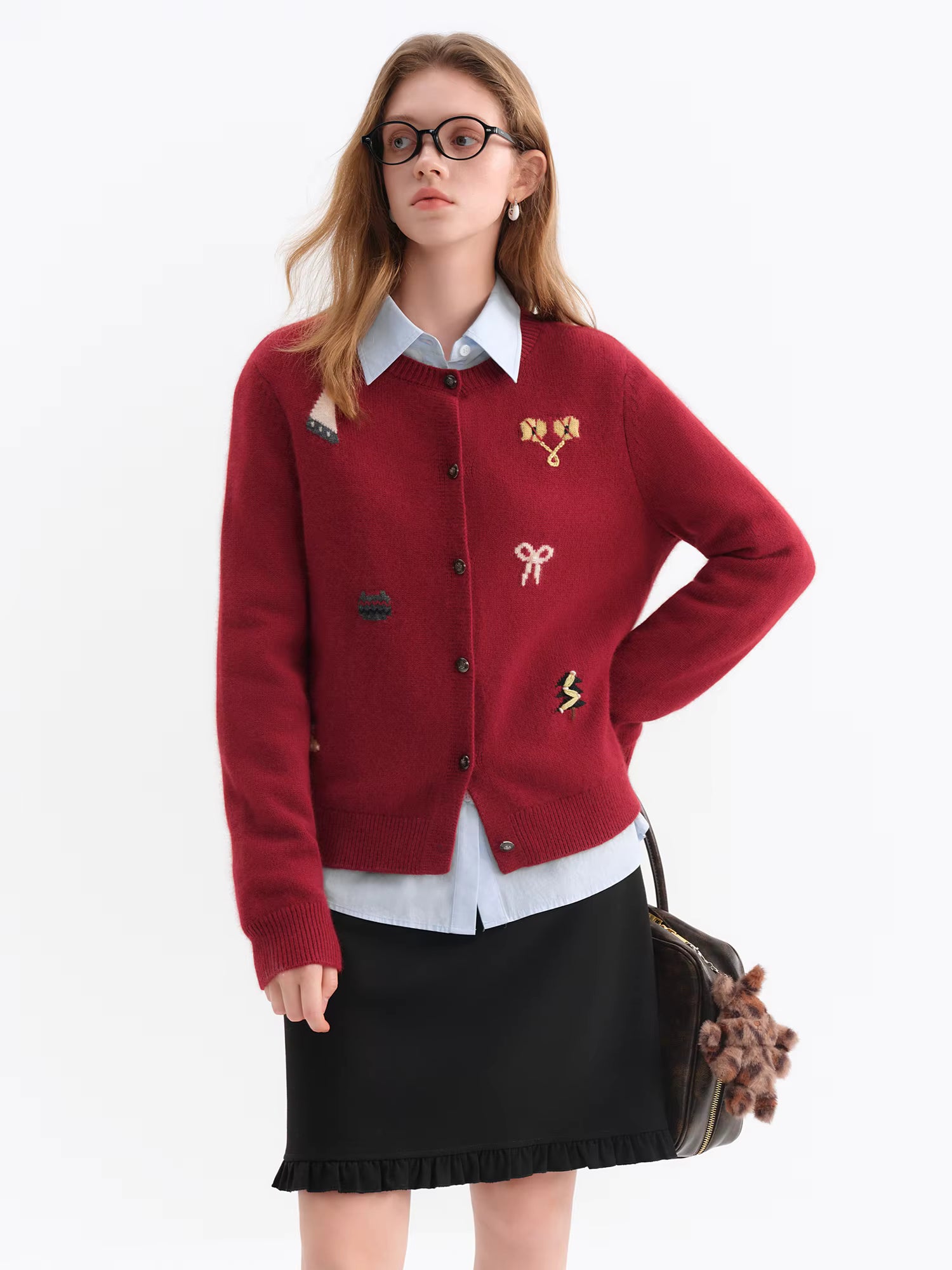 2025 Women's Red Christmas Block Embroidered Round Neck Vintage Knit Sweater Coat Cozy Holiday Party Pullover Casual Fit