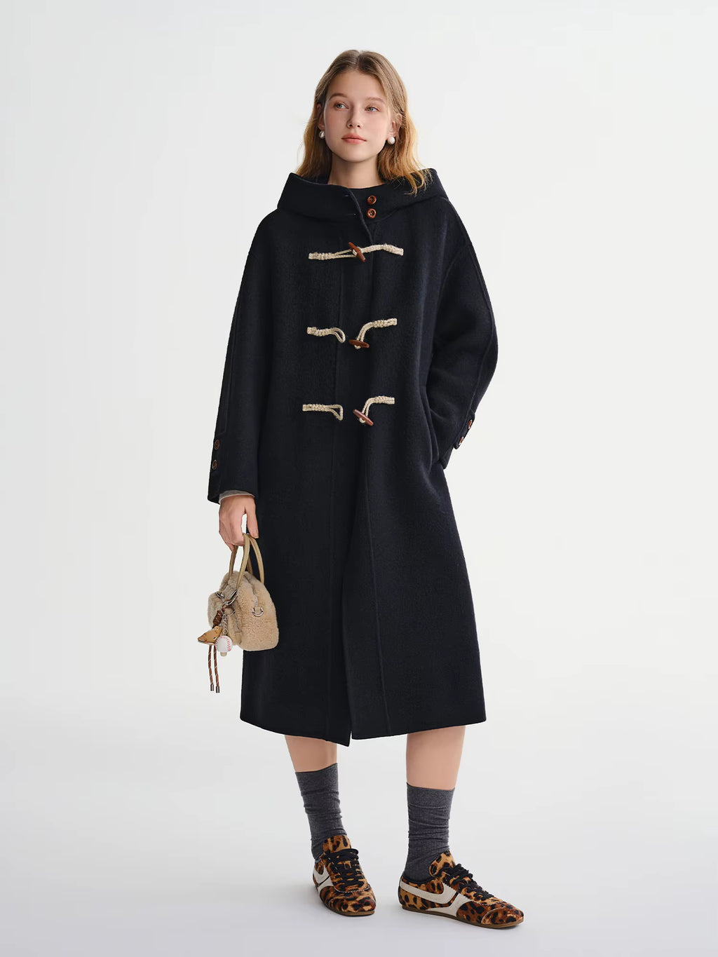 Winter 2025 Women's Horn Button Wool Blend Coat - Korean Style Double Faced Midi Length Stand Collar Casual Elegance