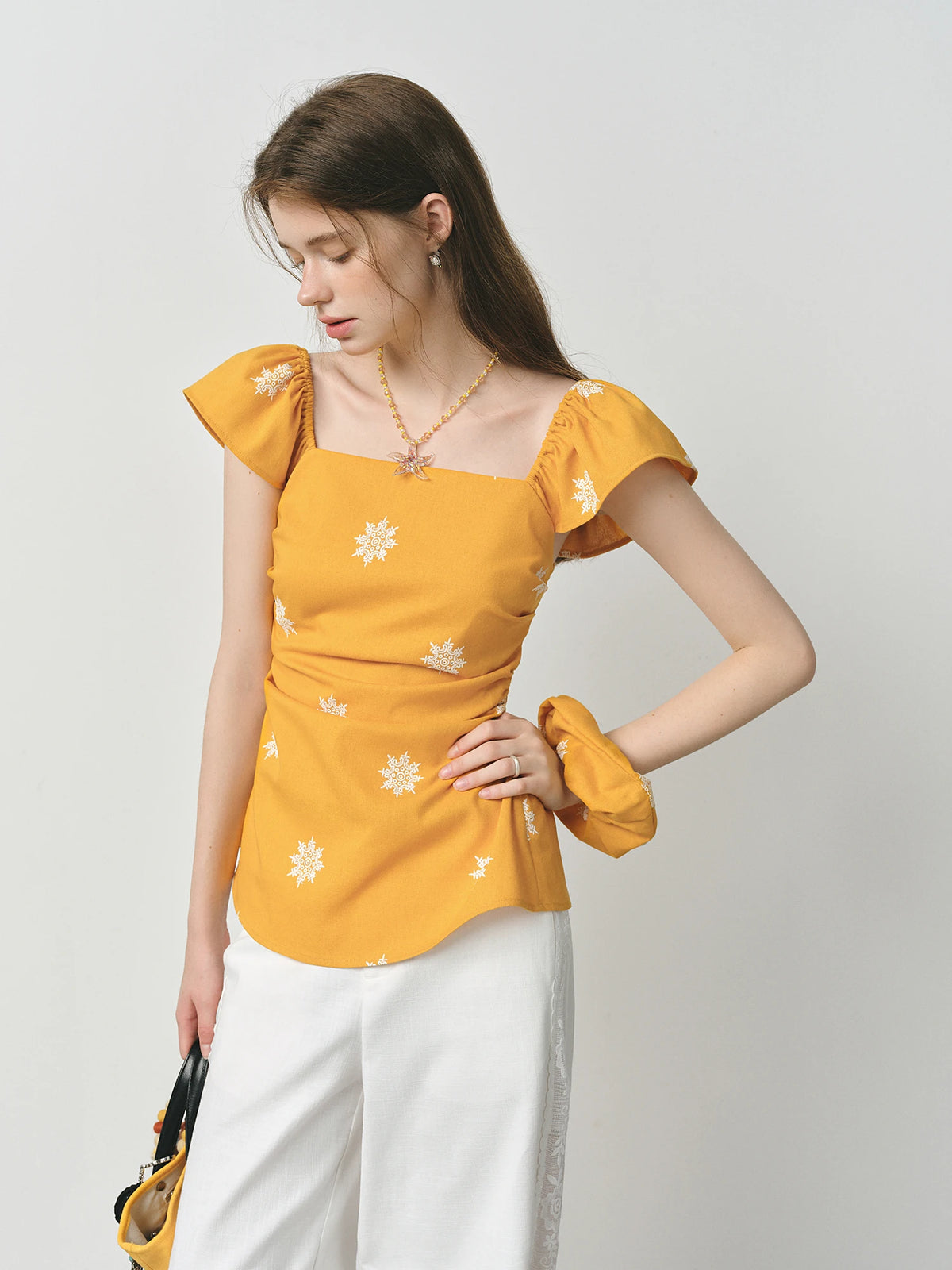 FSLE Vacation Linen Shirt Women's Flutter Sleeve French Style 2025 Summer Square Neck Top Coquette Y2K Trendy Blouse