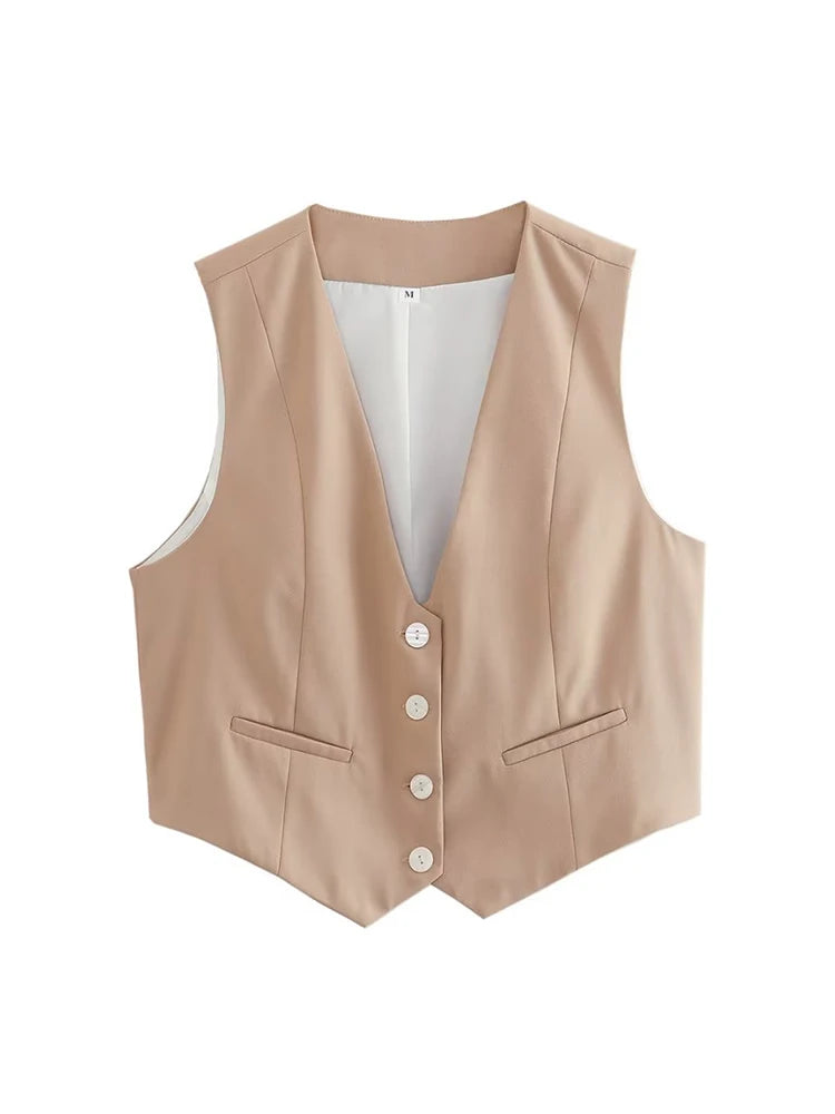 Vest Women Cropped Waistcoat Fashion Front Buttons Tops Vintage V Neck Sleeveless Female Outerwear White Chic Vests New