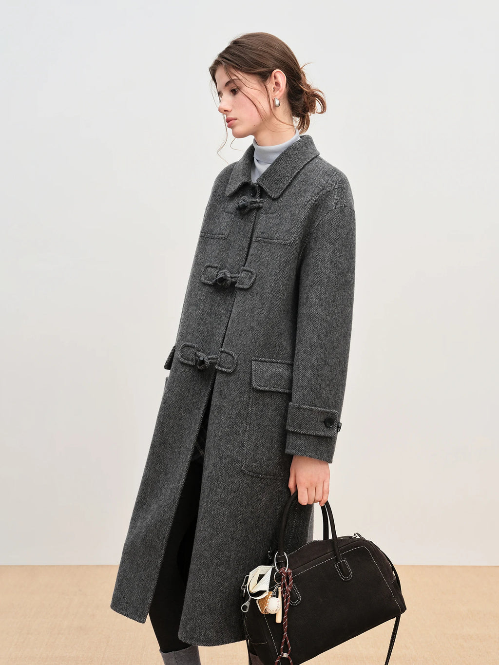 FSLE Retro Academic Herringbone Double-Faced Tweed Coat for Women Winter 2025 New Arrival Oversized Jacket Outerwear Blends