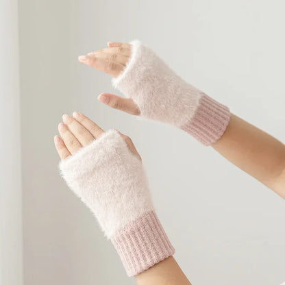 Mink Fleece Soft Winter Half Finger Gloves Women Warm Luxury Solid White Plush Knitted Fingerless Gloves Wrist Mittens Writting