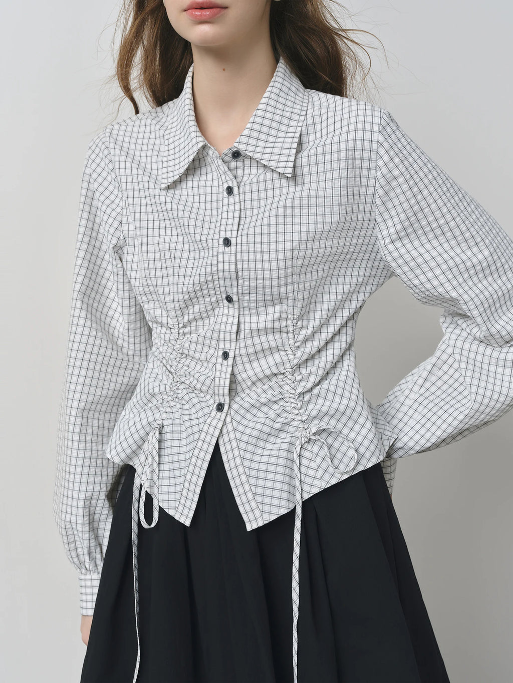 FSLE Autumn 2025 Women's Plaid Long Sleeve Shirt - Preppy Style Waist Tie Drawstring Adjustable Fit Casual Blouse Tunic Top