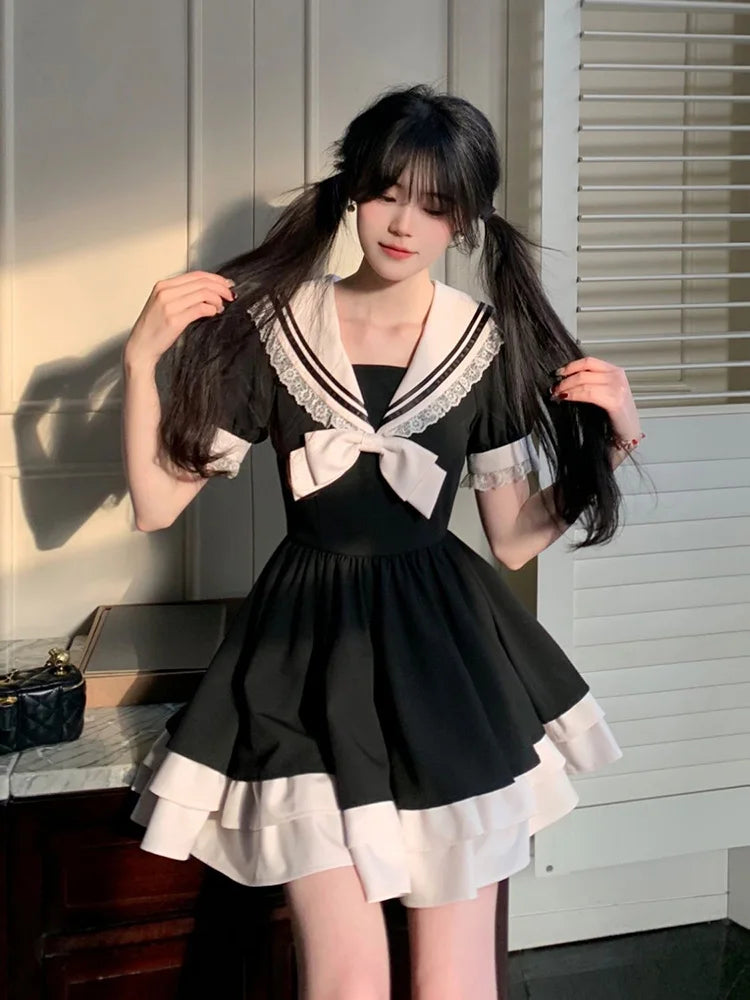 Black Dress Women Bow Japanese Cute Lolita Dress Women Sweet lace Puff Sleeve Student Dresses Party Sailor Collar Kawaii Dress