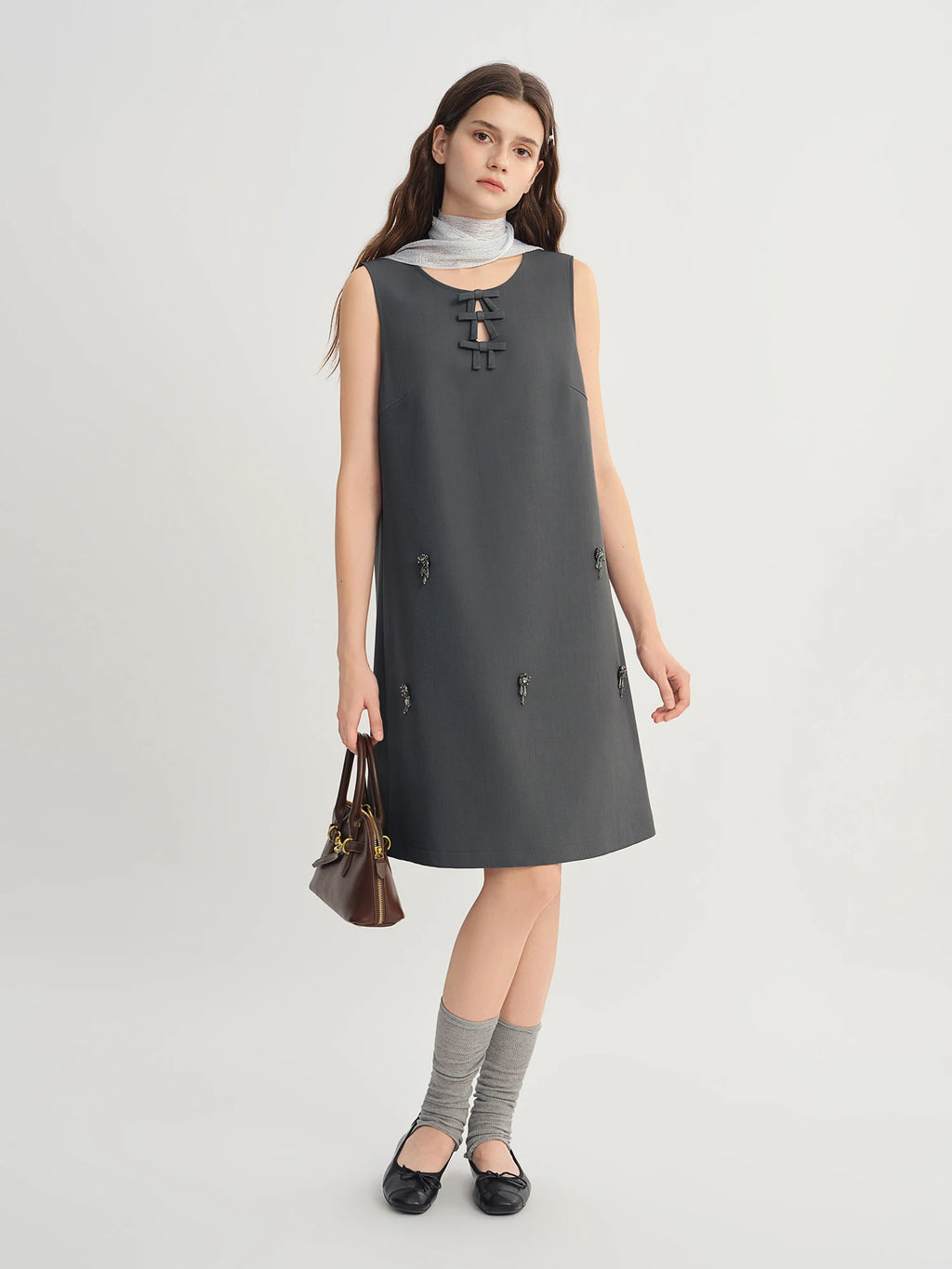 Autumn 2025 Women's Embellished Beaded Tank Dress - Bow Accent Layering Staple Versatile Fall Piece Heavy Craft Detailing