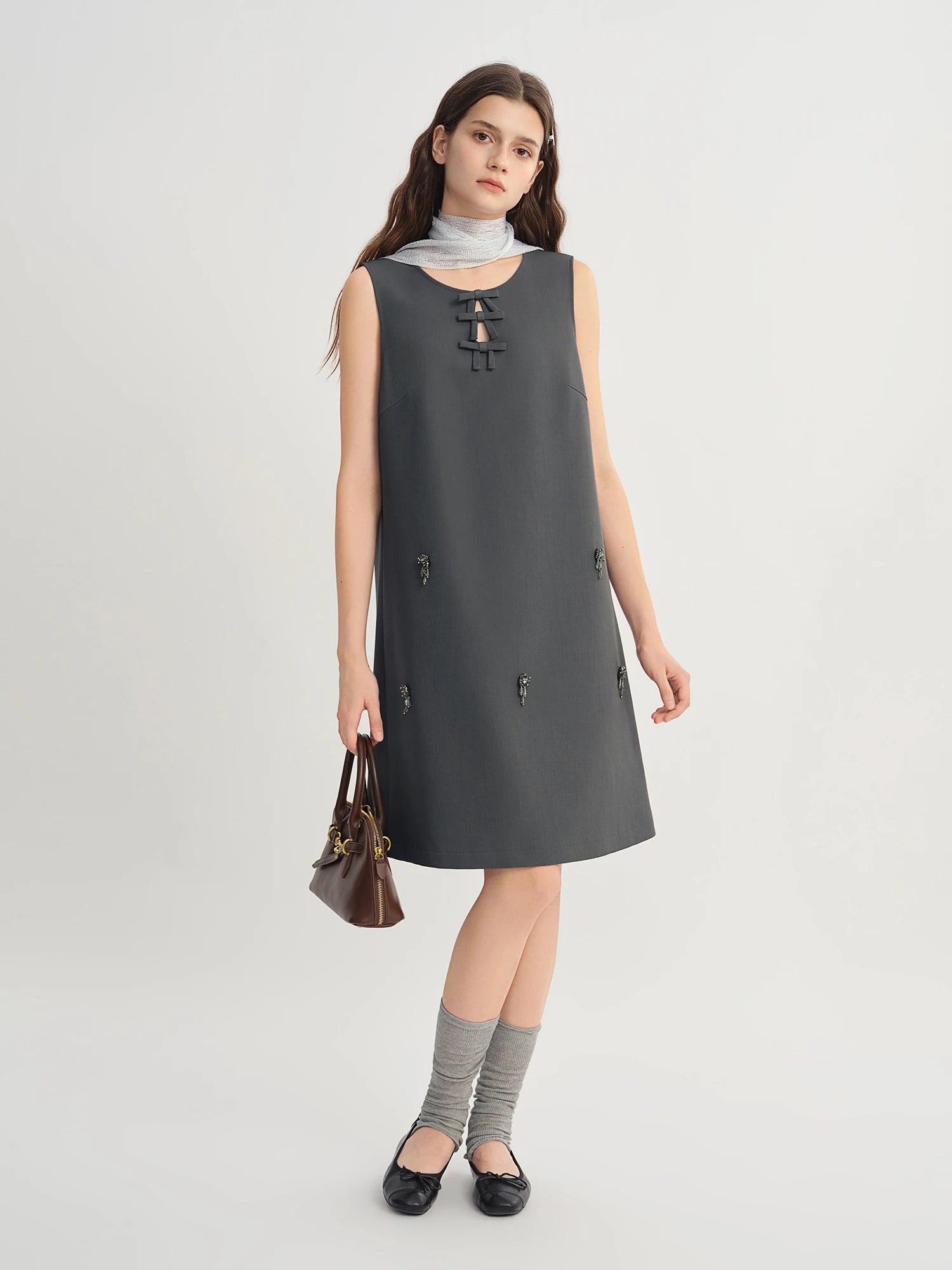 Autumn 2025 Women's Embellished Beaded Tank Dress - Bow Accent Layering Staple Versatile Fall Piece Heavy Craft Detailing