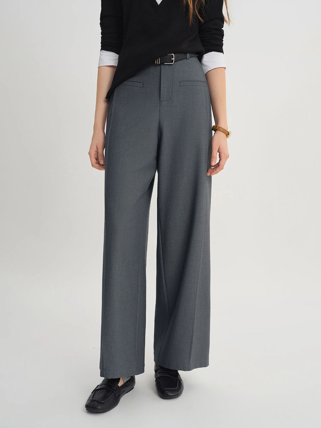 DUSHU Autumn 2025 Women's Wide Leg Trousers - Structural Seam Detail Horizontal Pocket Office Casual Pants with Relaxed Fit