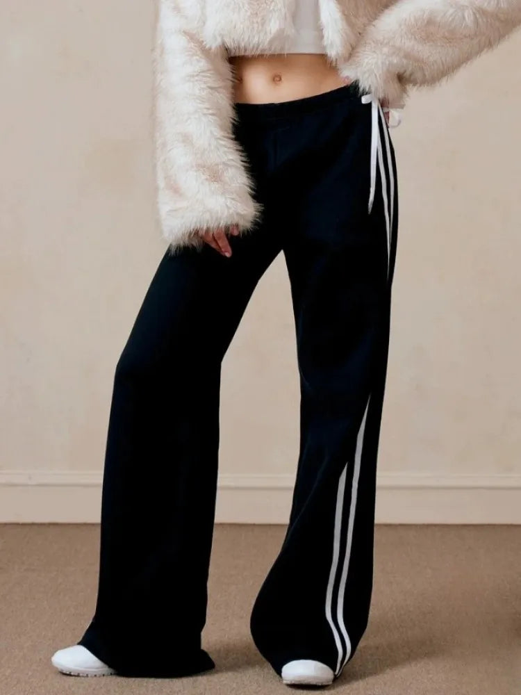 HOUZHOU Contrast Spliced Striped Sports Pants Women American Retro Kawaii Sweet  Bow Bandage High Waist Straight Leg Trousers