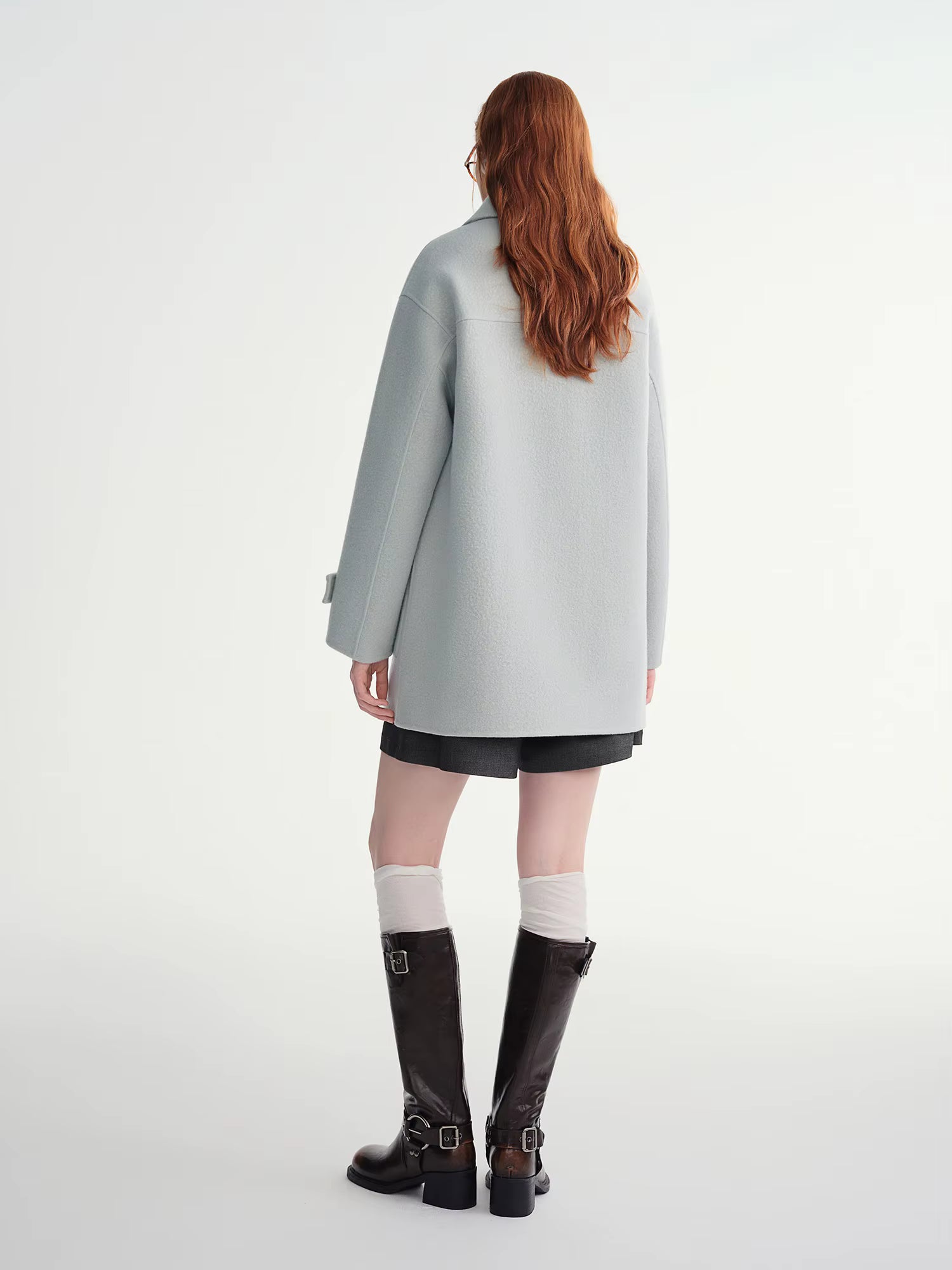 Winter 2025 Women's Horn Button Wool Blend Coat - Korean Style Double Faced Midi Length Stand Collar Casual Elegance