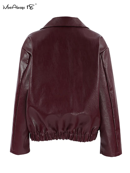 Mnealways18 Wine Red Faux Leather Fashion Outerwear 2024 Thicken Zipper Turn Down Collar Pu Coats Winter Street Style Ladies Top