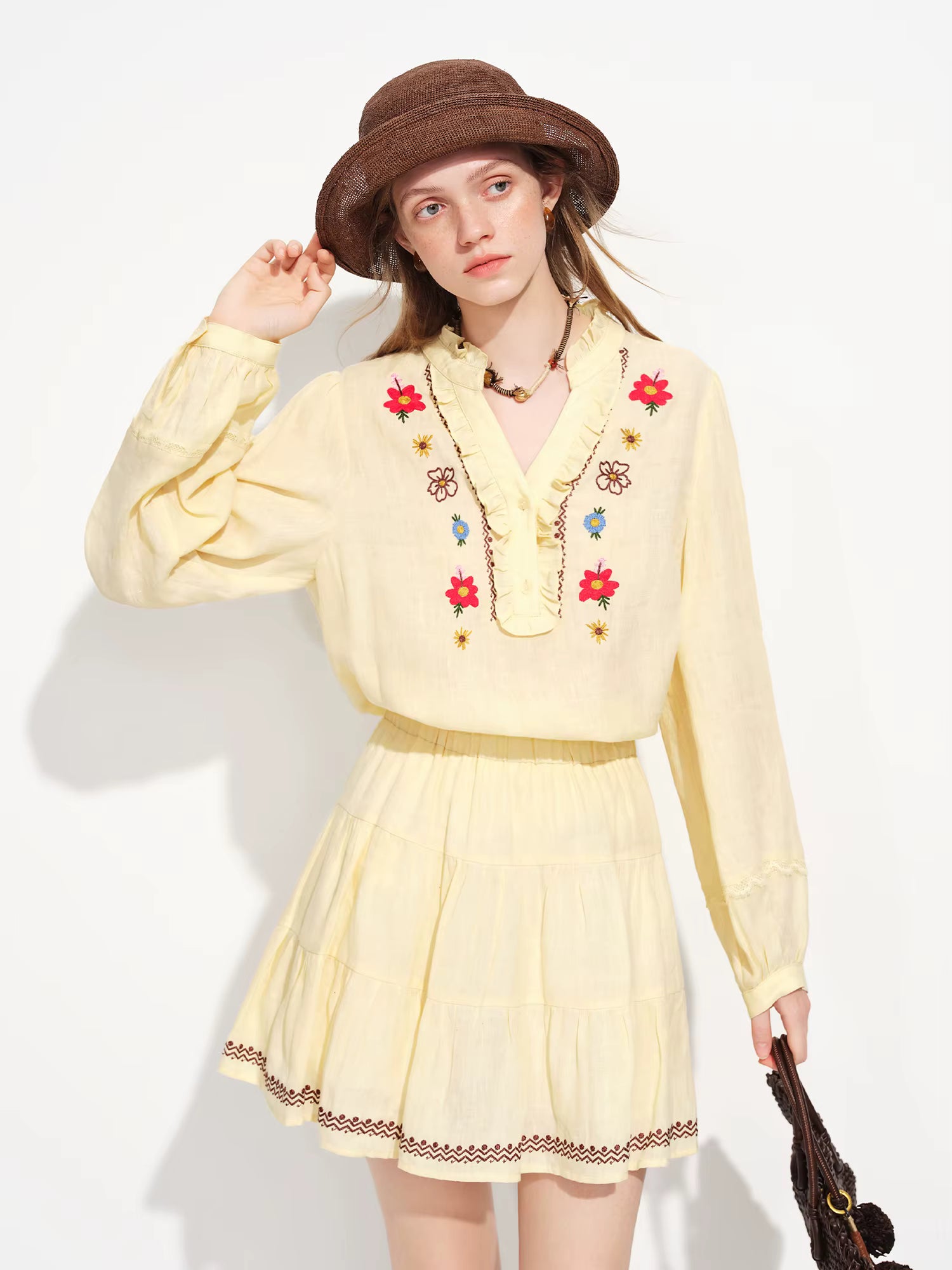 Vintage Countryside Linen Shirt and Skirt Set for Women Spring 2026 New Arrival with UV Protection Top and Skirt Separated